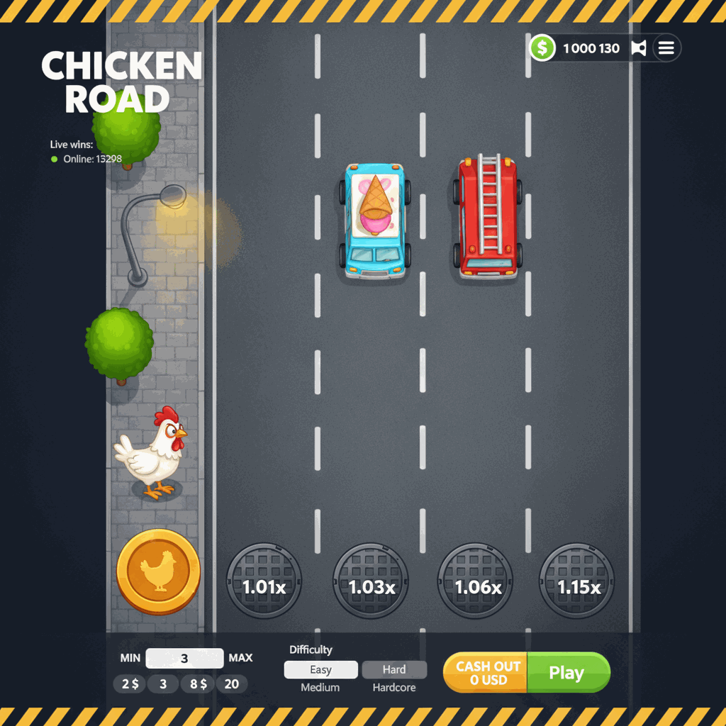 Schermata di gioco Chicken Road che mostra un pollo cartone animato bianco con cresta rossa in piedi sul marciapiede sinistro pronto ad attraversare una strada multi-corsia vista dall'alto con linee bianche tratteggiate, coperchi di tombini che mostrano moltiplicatori crescenti da 1.01x a valori superiori, lampioni verdi, sfondo stradale grigio scuro con elementi urbani decorativi e interfaccia di gioco overlay che include pulsanti di scommessa, controlli di difficoltà e ticker di vincite dal vivo